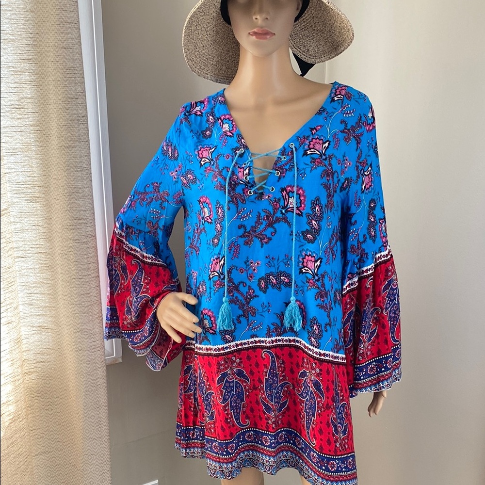 Bohemian Blue and Red Floral Tunic Dress